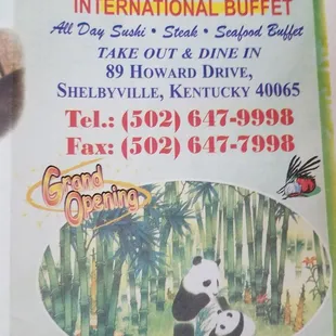 Front of menu with contact info