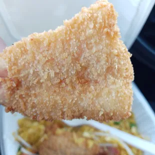 a hand holding a piece of fried food