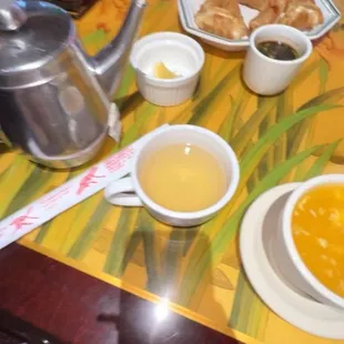 The Fried Dumplings (8) and Hot Tea(Jasmin/Green) and Egg Drop Soup