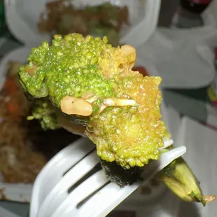  a piece of broccoli on a fork
