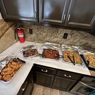 a variety of food items on a counter