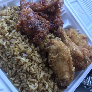 Fried chicken &amp; general Tzao fried chicken spicy , soy sauce fried rice