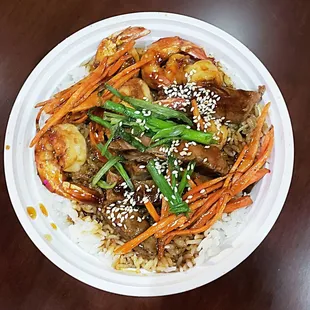 Teriyaki Rice Bowl with shrimp and steak