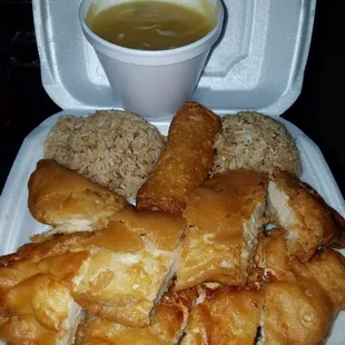 Almond Chicken.  Yummy gravy..huge potions