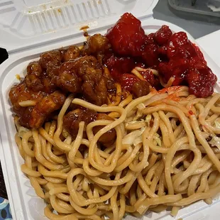 Spicy orange chicken, Sweet &amp; Sour Pork, Veggie Chow Mein