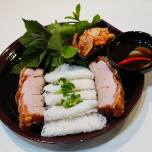 BÁNH HỎI HEO QUAY 
 (CRISPY PORK BELLY WITH VERMICELLI NOODLES WITH A SIDE OF HOMEMADE KIMCHI)