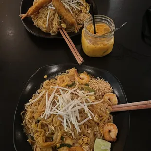 The top is shrimp tempura pad Thai and the bottom shrimp pad Thai