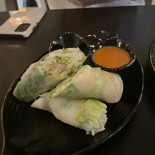 Spring rolls, the dips were very good!