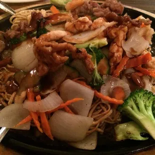 House pan fried noodles on hot plate