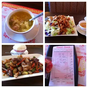 Egg drop soup with bits of chicken and celery, Chinese chicken salad, and triple delight! Delicious!