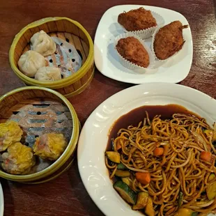 soup dumplings, taro dumplings, shumai, and veggie lo mein