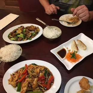 Beef with mixed vegetables, Szechuan chicken, gyoza, and egg rolls.  Always fresh and full of flavor that's well balanced!