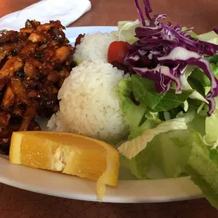 Spicy chicken with rice and side salad.