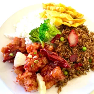 a plate of food with rice and vegetables