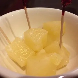 Complimentary dessert. (Canned pineapple)