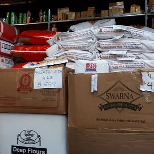 boxes of food stacked on top of each other