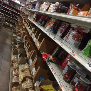 shelves of food in a grocery store