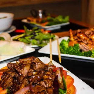 a variety of asian dishes on a table