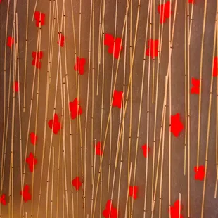 a shower curtain with red flowers on it