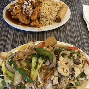 Single Plate Sesame Chicken Vegetable Spring Rolls  And  Lunch Combination Plate with Stir Fried Vegetables, Ginger Chicken &amp; steamed rice.