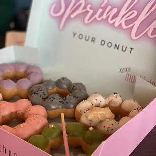 Mochi donuts - Toro (purple), Black Sesame (black), Cookies n Cream (white), strawberry (pink), Matcha (green)