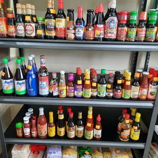 a shelf full of food items