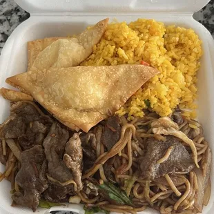 Beef lo mein with fried rice and crab Rangoon