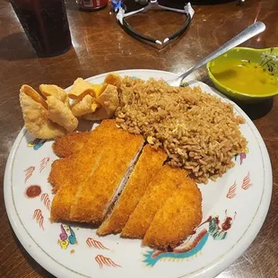 Lunch portion of Lemon Chicken w/Fried rice &amp; crabmeat Rangoons.