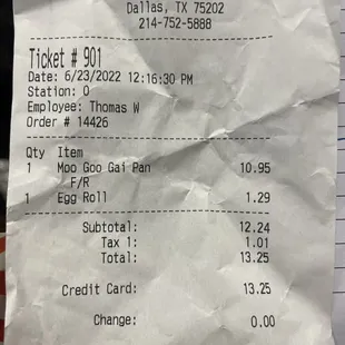 Current price for an entree and one egg roll with taxes.