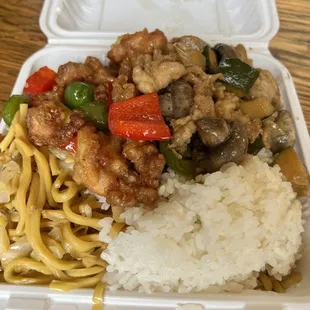 2 item combo (half rice/ chow mein) Spicy Chicken and Mushroom Chicken