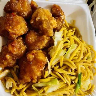 chicken and noodles in a styrofoam container