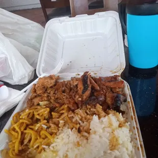 Noodles, white rice, teriyaki chicken, sesame chicken!