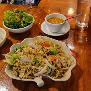 My lunch, Yakisoba with Chicken, white rice, green salad with peanut sauce, and egg drop soup