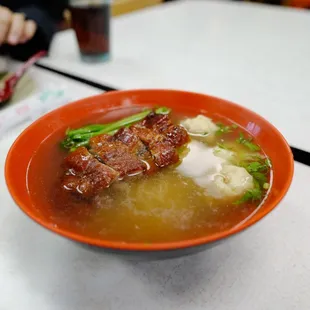 Wonton noodle soup with BBQ duck.