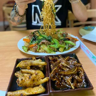 Pan Fried Noodle with Beef, Hot &amp; Spicy Chicken Feet, and Hot &amp; Spicy Pig Ear