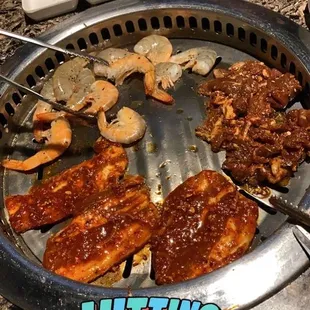 Shrimp, spicy pork belly, and spicy bulgolgi