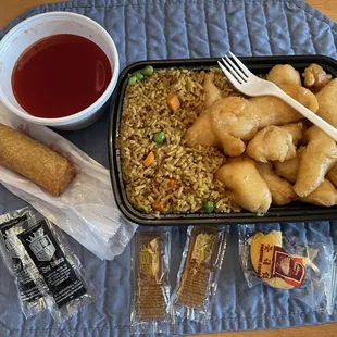 Dinner menu sweet and sour chicken with fried rice