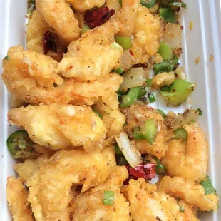 Crispy dried sautéed shrimp....soo good some of it didn&apos;t make it home nom