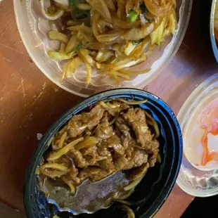 the left side is the onions and the right side is the beef