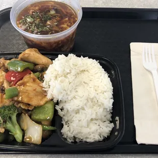 Spicy basil chicken and Sweet sour soup!  Excellent!!