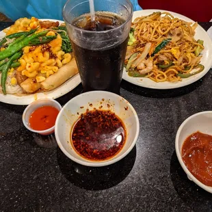 a plate of food and a drink