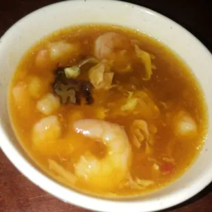 Create Your Own Soup...  Half Egg Drop And Half Hot And Sour With A Bunch Of Shrimp.  Seasoned With A Few Drops Of Sriracha And Soy Sauce.