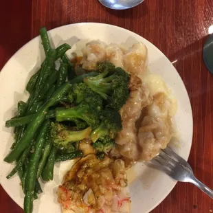 a plate of food on a wooden table
