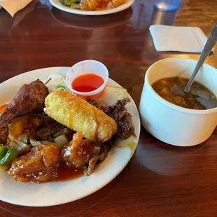 Various items with hot and sour soup