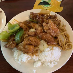 Spicy chicken, rice, lo mein,