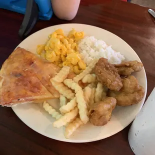 Pizza, fries, Mac n cheese, rice