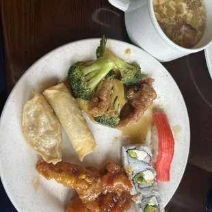 Spring roll, won ton, beef n broccoli, sushi, hot n sour soup