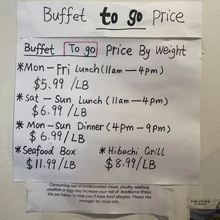 Buffet TO GO pricing (June 2023)