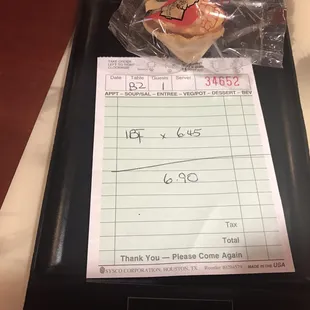 the receipt for the meal