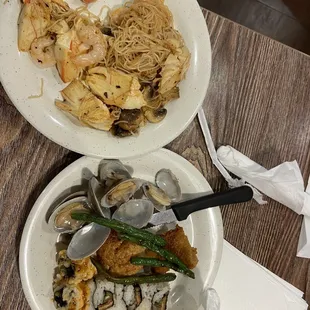 Noodles, sushi and shrimp